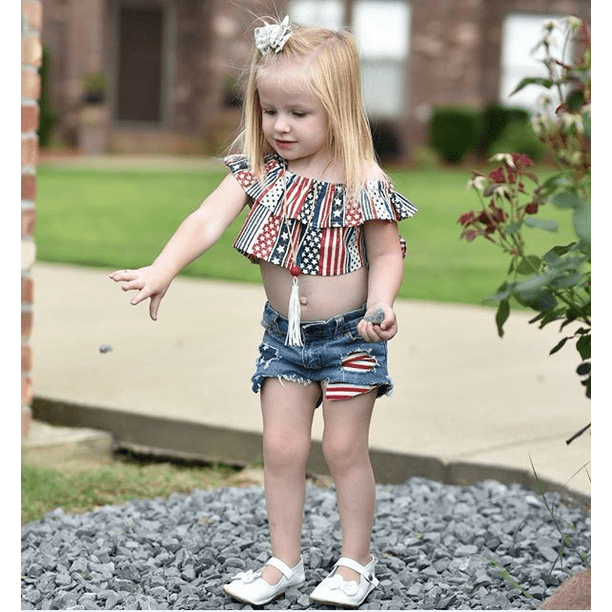 Toddler Kids Baby Girl Off Shoulder Crop Top Denim Short Pants Clothes Outfit 
